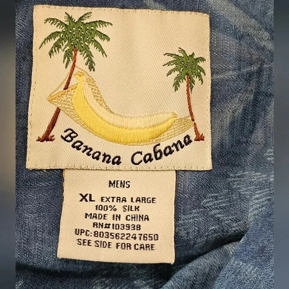 Vintage Banana Cabana Floral Silk Button Down Shirt Men X-Large Blue Vacation 90 - Picture 5 of 7